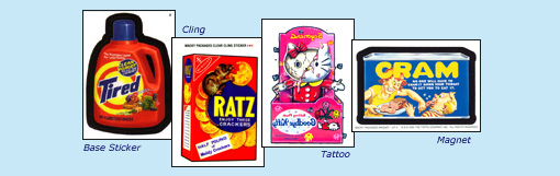 ANS1 base sticker 'Tired', 'Ratz' cling, 'Goodbye Kitty' tattoo, 'Cram' magnet